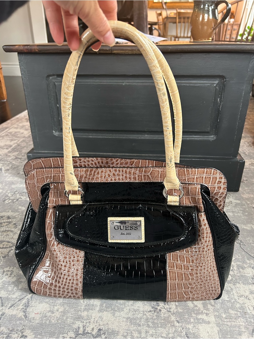 Guess Croc-Embossed Tri-Tone Satchel Handbag
